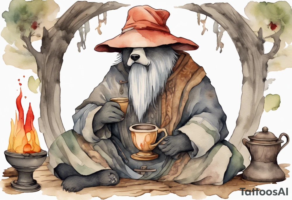 a medieval bear-human hybrid with a long grey beard wearing a tunic and a floppy mushroom hat sitting by a hearth drinking from a wood cup tattoo idea