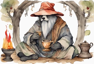 a medieval bear-human hybrid with a long grey beard wearing a tunic and a floppy mushroom hat sitting by a hearth drinking from a wood cup tattoo idea