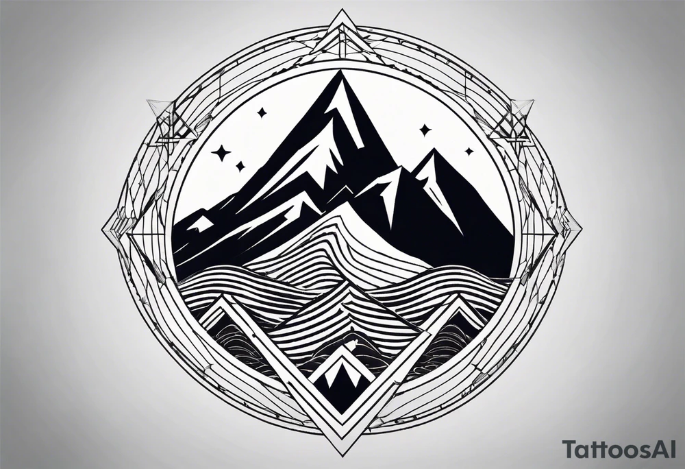 Mountain Massif, one Peak, only peak surrounded woth semi circle dashed Line, in semi circle two littel fine Stars, waves overlapping in Side, Open geometrical Forms Like Diamond with Open lines tattoo idea