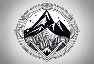 Mountain Massif, one Peak, only peak surrounded woth semi circle dashed Line, in semi circle two littel fine Stars, waves overlapping in Side, Open geometrical Forms Like Diamond with Open lines tattoo idea
