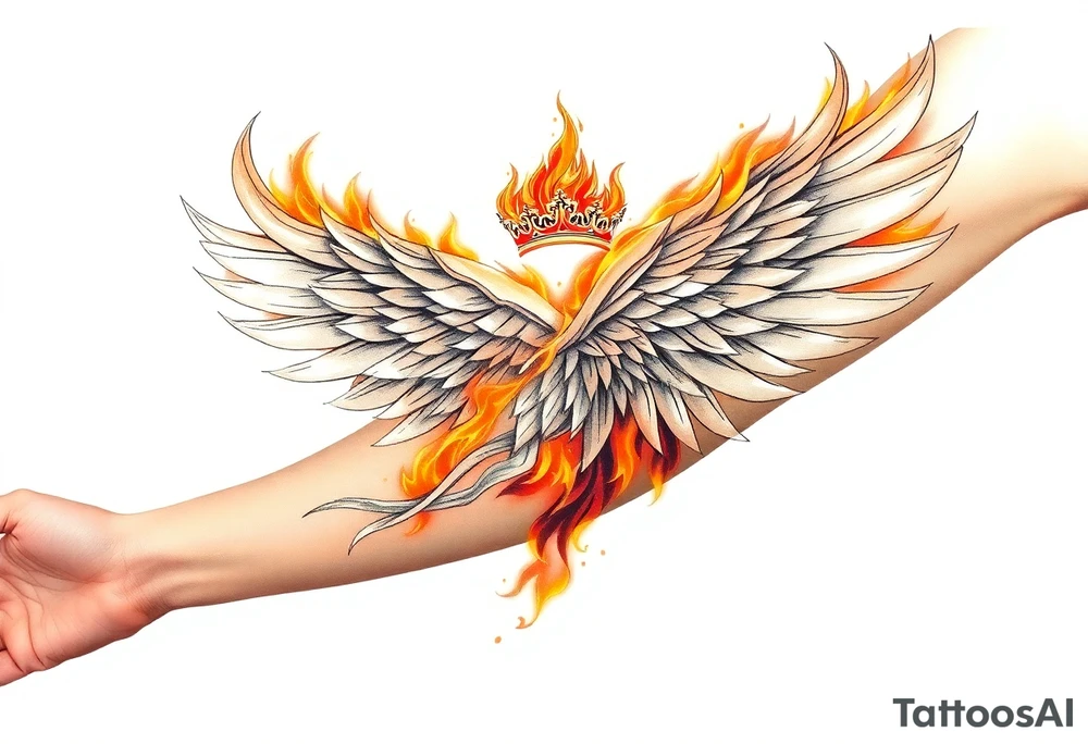 large blazing wing surrounded by fire. with a crown of fire tattoo idea