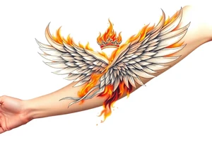 large blazing wing surrounded by fire. with a crown of fire tattoo idea