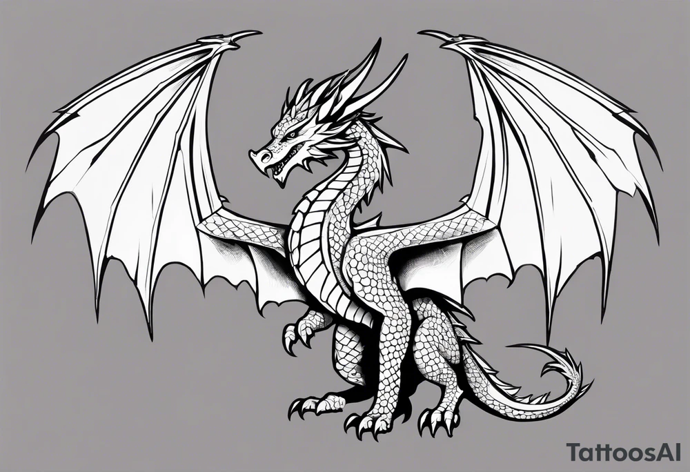 Symmetrical, Realistic dragon, facing forward. With both wings spread out. Torn look to wings. Tails wraps down and has a morning star weapon at the end of tail. The tattoo would be suitable for the centre of a chest tattoo idea
