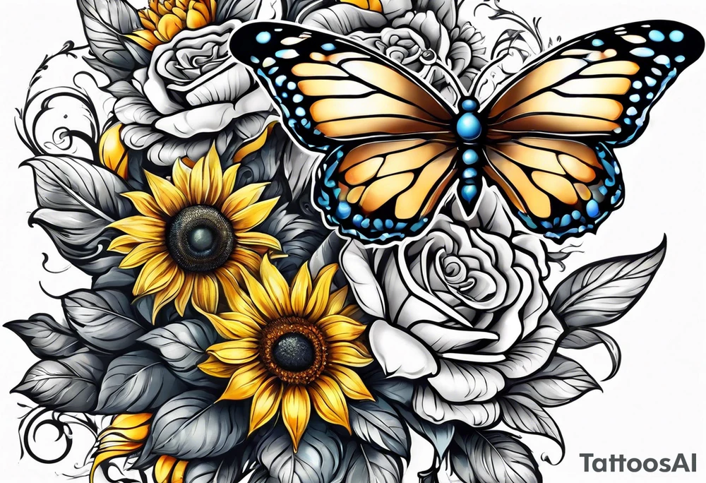 Arm sleeve with Winged cross with sunflower and butterflies tattoo idea