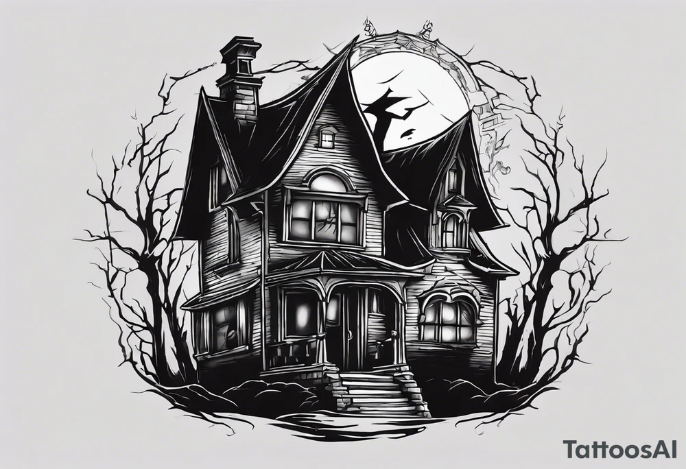 "Create a tattoo design featuring a small house with a sinister, pointy roof, enveloped in a dark atmosphere. Include a black demonic figure lifting the roof, peering out into the surroundings with an ominous presence." tattoo idea