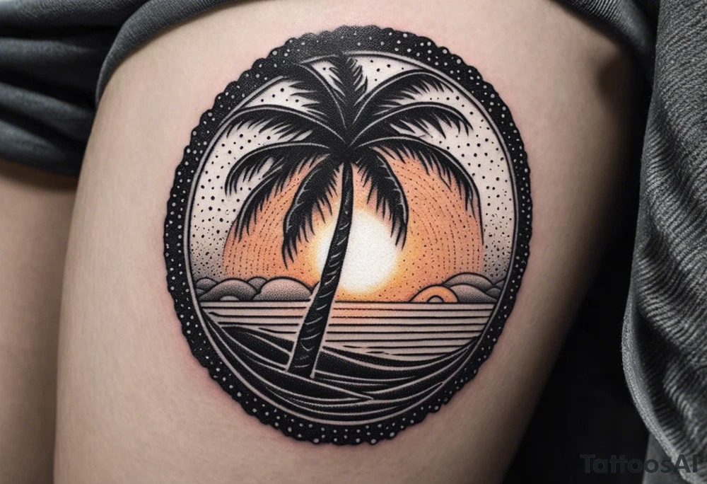 palm tree front of a sun and waves tattoo idea