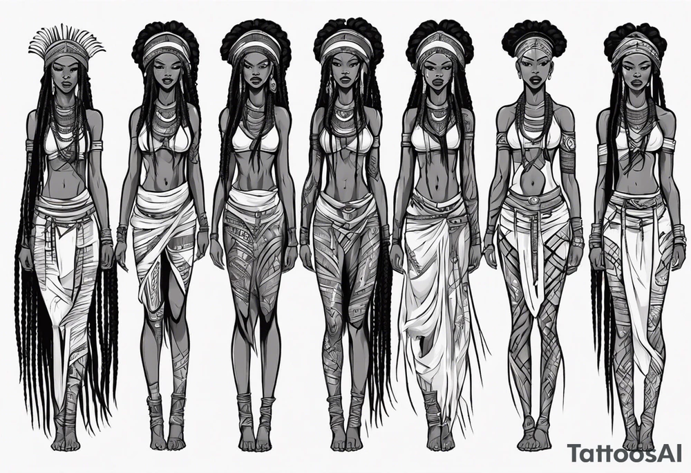 African female Valkyre full body 
slim long face small mouth long braided hair tattoo idea