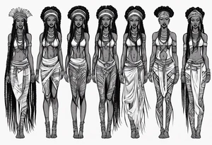 African female Valkyre full body 
slim long face small mouth long braided hair tattoo idea