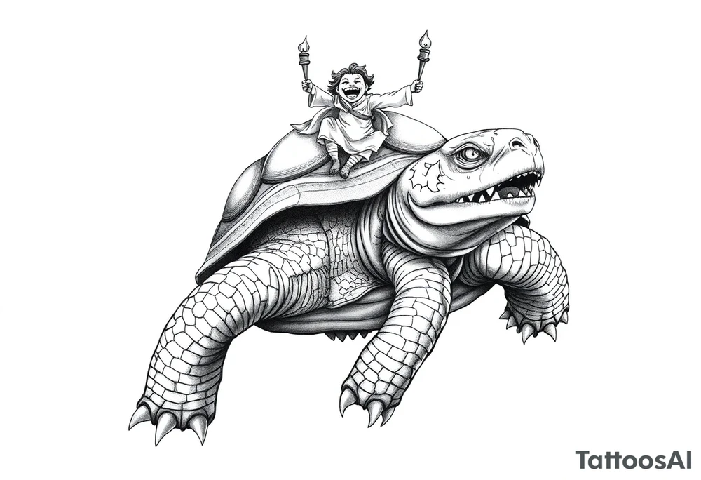 powerful and angry turtle with huge teeth and a tiny person riding on the back holding a torch tattoo idea