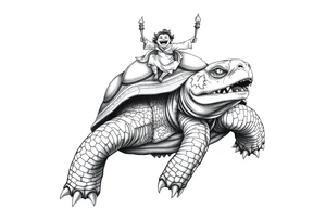 powerful and angry turtle with huge teeth and a tiny person riding on the back holding a torch tattoo idea