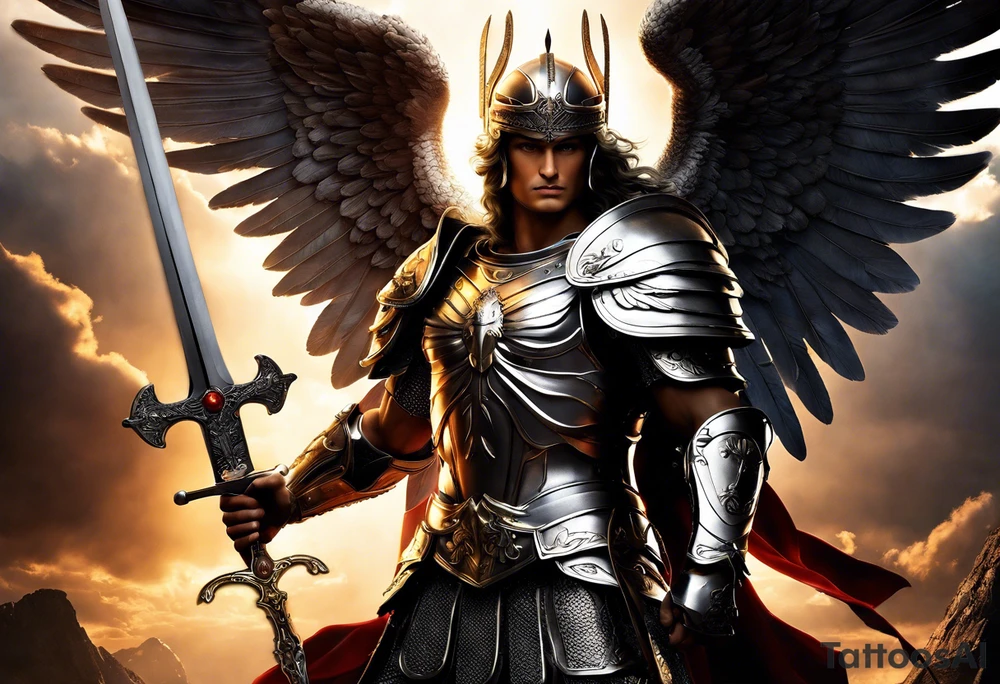 **Tattoo Design: Archangel Michael**

- **Central Theme**: Archangel Michael, majestic and powerful, stands ready with a raised sword, prepared to battle evil.
- **Appearance**: The figure of Archangel Michael depicted in full angelic armor, with majestic wings spread wide.
- **Expression**: His stance conveys strength, courage, and determination in defense of good.
- **Details**: Focus on intricate details such as facial features, armor embellishments, and the raised sword.
- **Background**: May be stylized as celestial, with rays of light or clouds, accentuating the divine presence of Archangel Michael.
- **Placement**: Intended for placement on the chosen body area, with the option to adjust the size according to personal preferences. tattoo idea