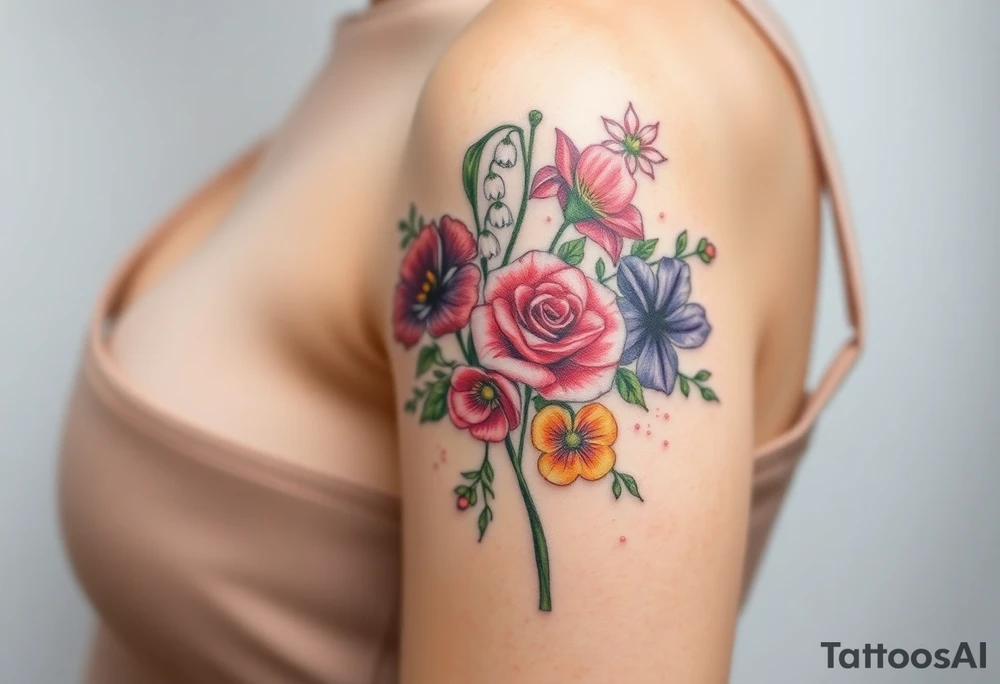 A Christian tattoo representing from death to life or old to new. Incorporate the following flowers in a bouquet coming out of the life (new) side. Morning Glory, Lily of the Valley, Daffodil, Rose, Poppy, Violet tattoo idea