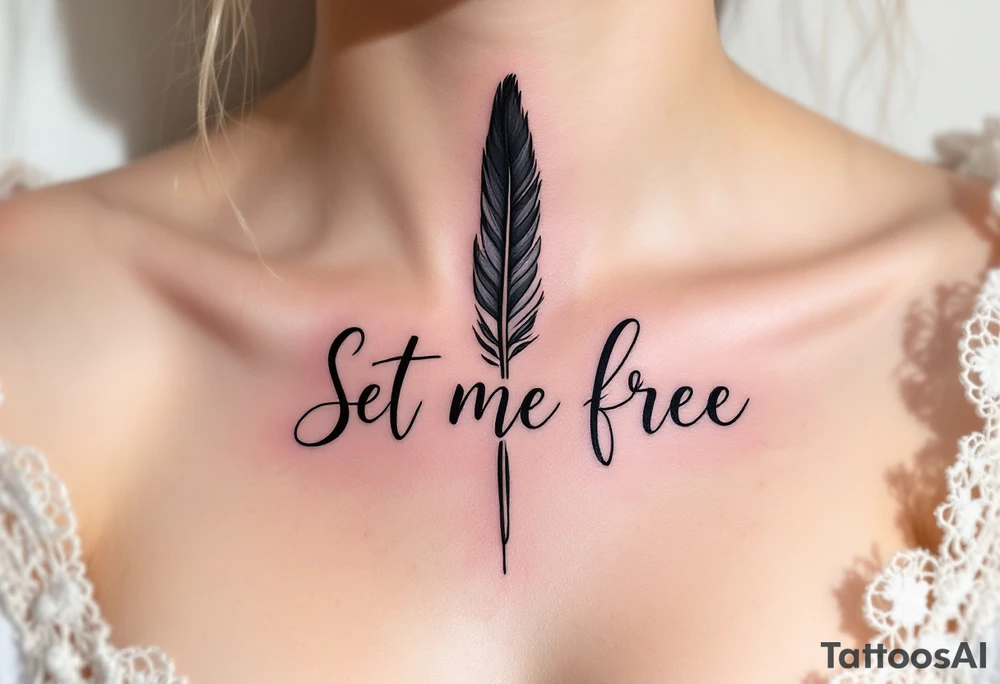 A lavender script quote reading “Set me free” wrapped around a black quill symbolizes the power of words to liberate. tattoo idea