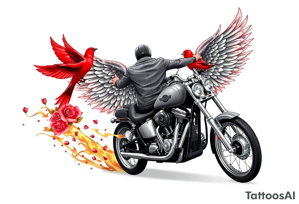 Harley grey motorcycle driving away, two red birds flying, roses, flames, angel wings tattoo idea