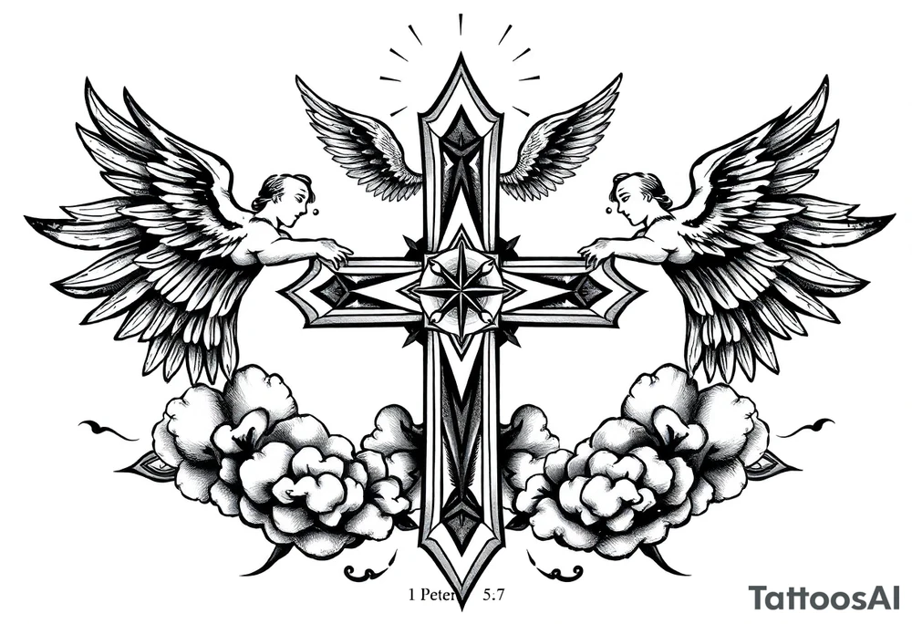 cast all your anxiety on him because he cares for you"  1 peter 5:7 with angels and clouds,cross tattoo idea