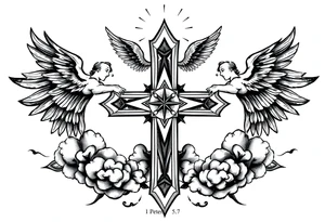cast all your anxiety on him because he cares for you"  1 peter 5:7 with angels and clouds,cross tattoo idea