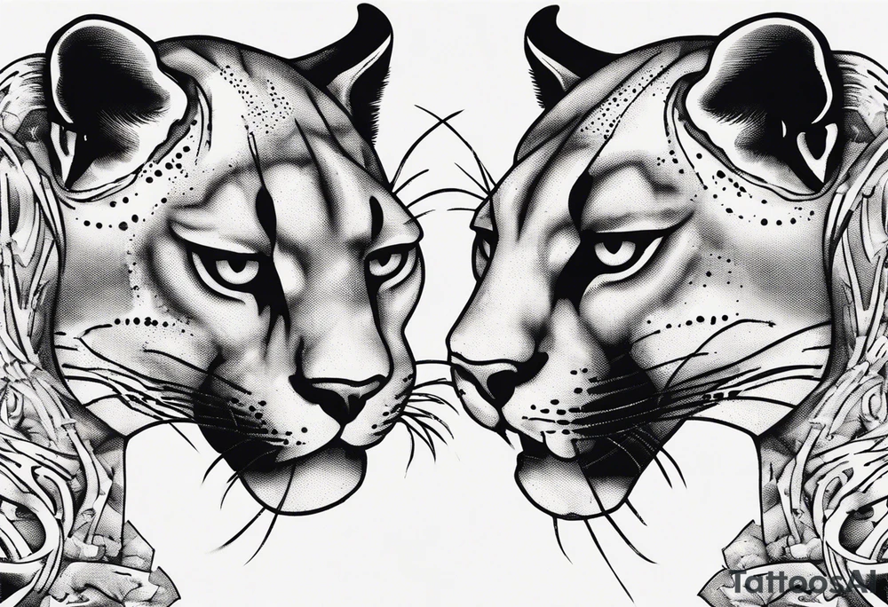 Two black pumas walking past each other and looking at each other, seen from above tattoo idea