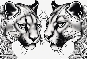 Two black pumas walking past each other and looking at each other, seen from above tattoo idea