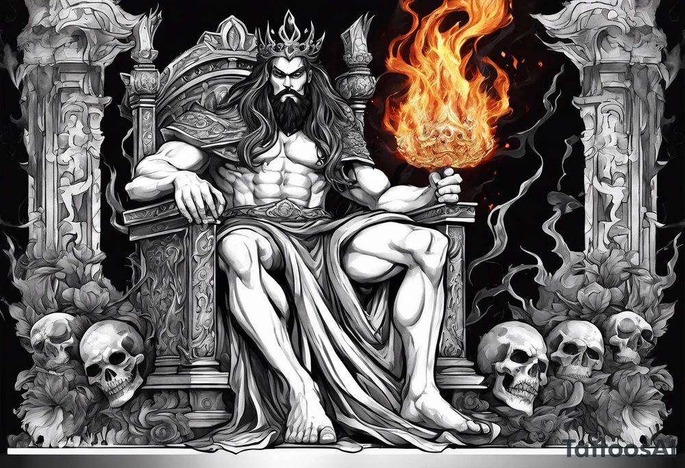 Style is sketch work depiciting the god hades sitting on a throne in the underworld.  He's young and muscluar and holding his bident.  His thrown and crown indicates his realm with bones and skulls.  This is overlaid with watercolor shading giving the appearance of fire. tattoo idea