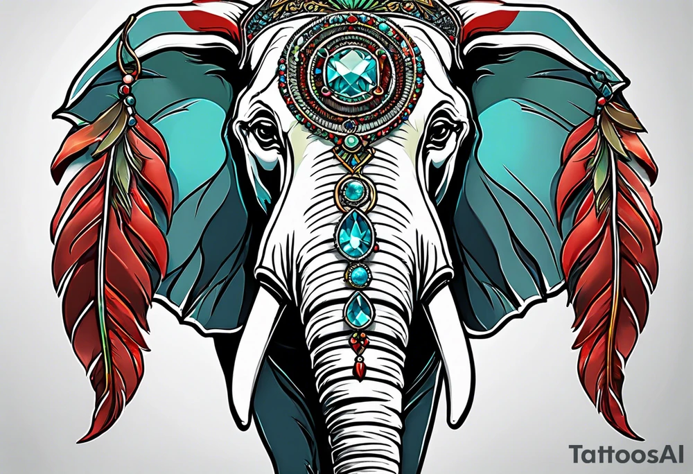dreamcatcher with an aquamarine feather a red feather and a peridot feather with gemstones and elephant tattoo idea
