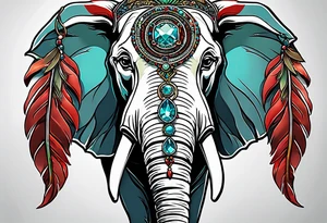 dreamcatcher with an aquamarine feather a red feather and a peridot feather with gemstones and elephant tattoo idea
