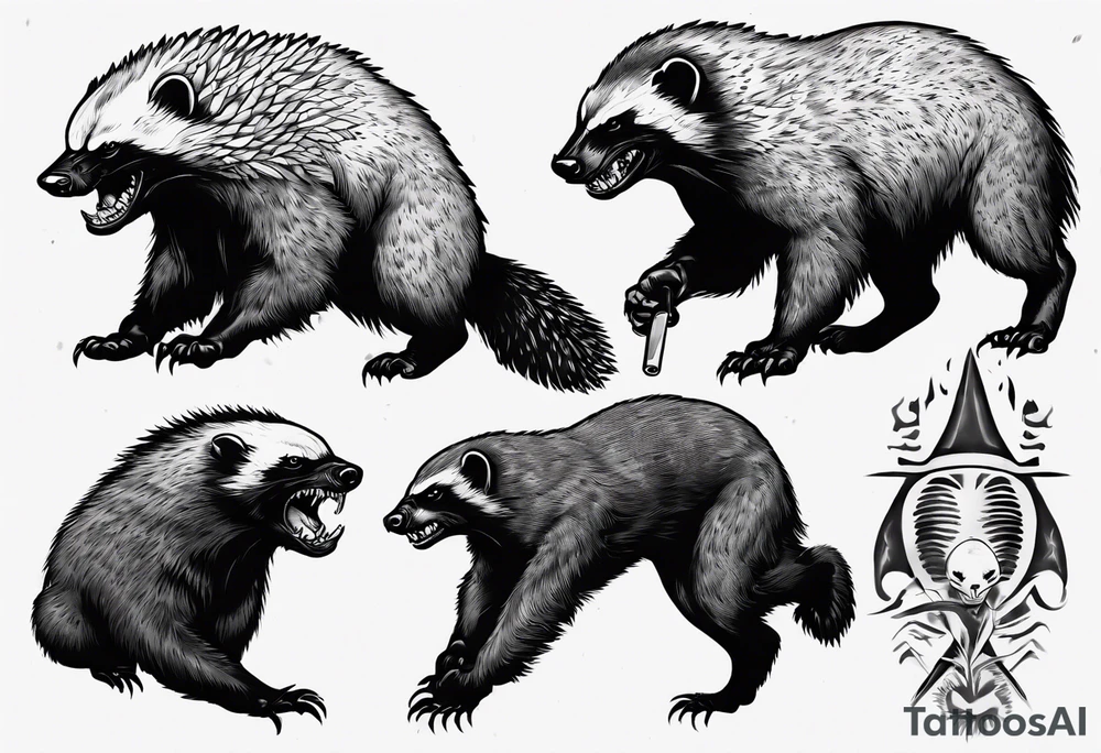 Angry, snarling, full-length detailed honey badger tattoo idea