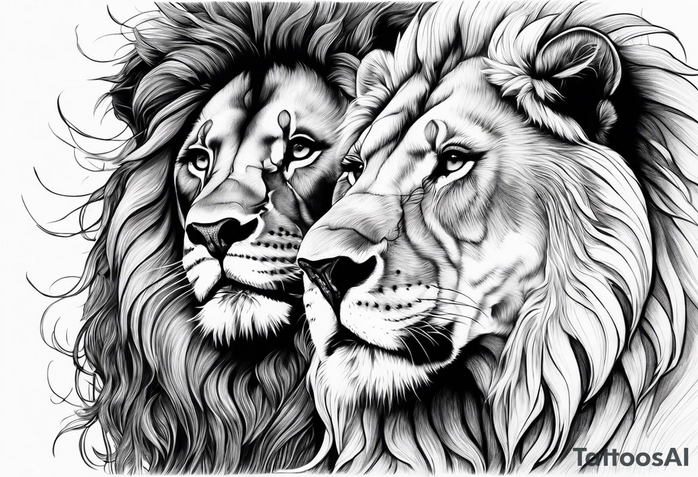 Realistic lion and lioness 
bonding tattoo idea
