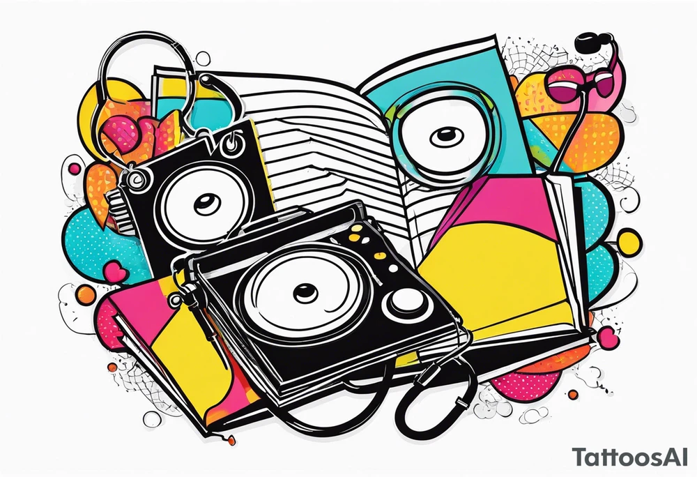 Books, video games, stethoscope, music, drums tattoo idea