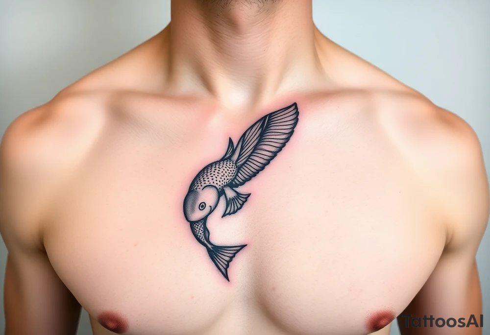 small bird and fish tattoo, for chest, man. not many details. a lot of black color tattoo idea