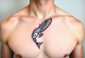 small bird and fish tattoo, for chest, man. not many details. a lot of black color tattoo idea