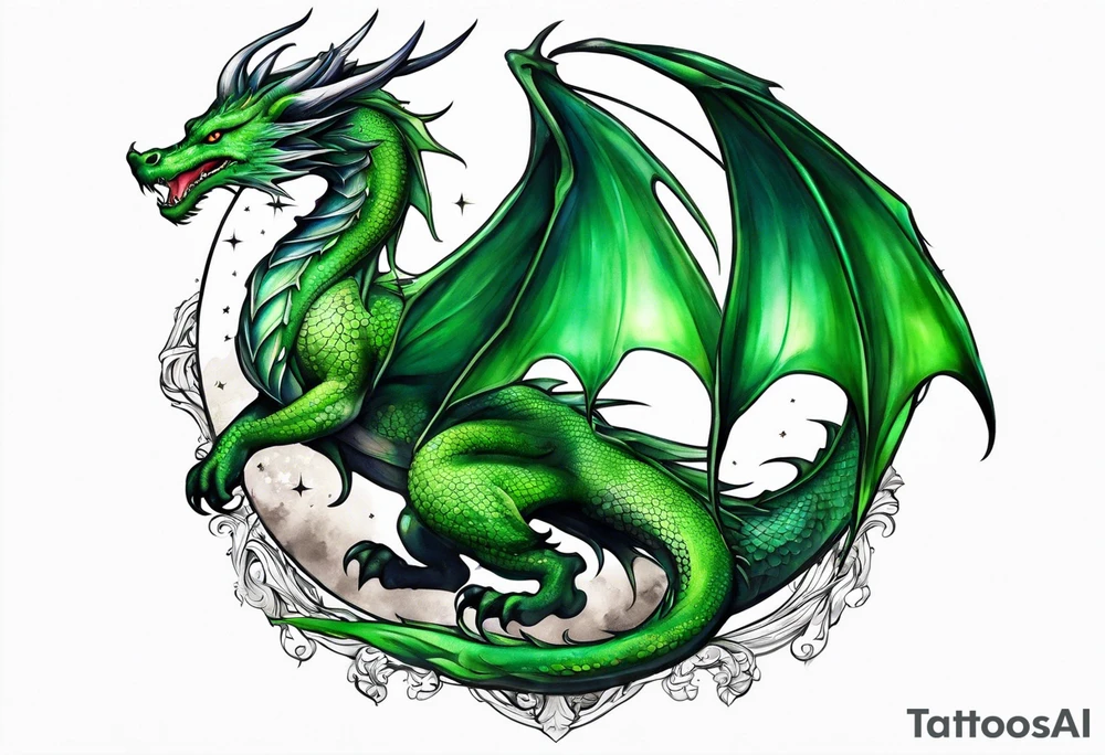 Moon fairy green dragon tattoo idea