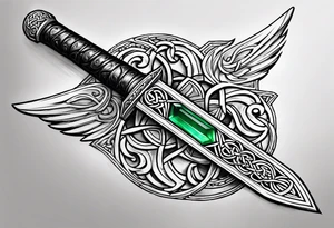 A Celtic athame dagger with the hilt turned upward and an emerald gemstone on the hilt not on the blade tattoo idea