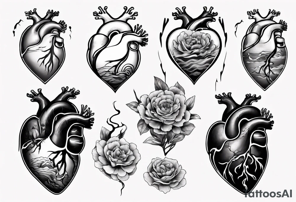 anatomic heart which consists of  Japanese waves painting tattoo idea