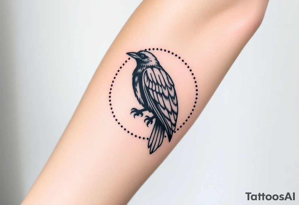 Geometric Perched Raven with line and dotwork around it tattoo idea