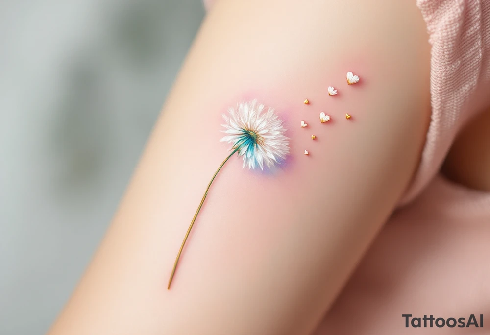 A delicate dandelion tattoo with soft white seed tufts, gently floating away in the wind, transforming into tiny golden hearts. The stem is a thin, elegant line in a subtle gradient of emerald green and soft brown, adding a natural touch. The seeds are carried by a gentle breeze, fading into a dreamy watercolor effect of pastel pink, lavender, and sky blue, symbolizing wishes, love, and new beginnings tattoo idea