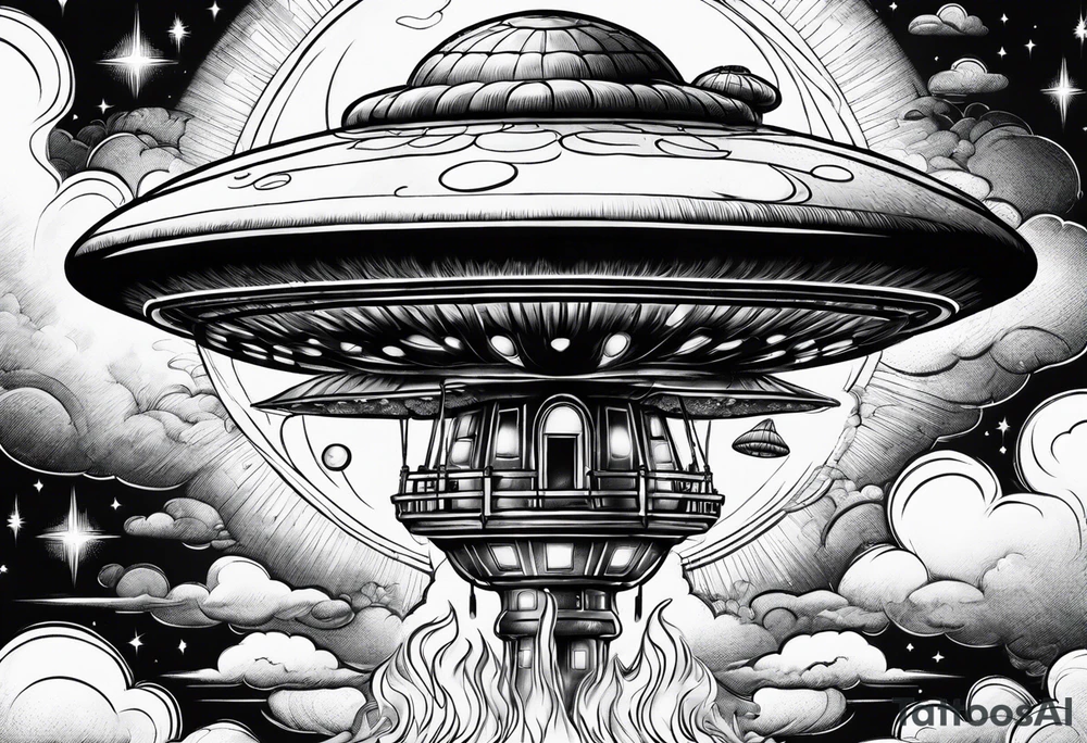 thin mushroom rocketship with fire coming out the bottom bursting out of bubble tattoo idea