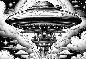 thin mushroom rocketship with fire coming out the bottom bursting out of bubble tattoo idea