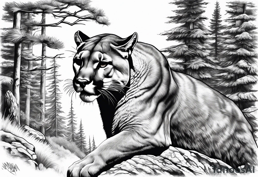roaring mountain lion, forest background tattoo idea