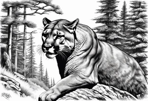 roaring mountain lion, forest background tattoo idea