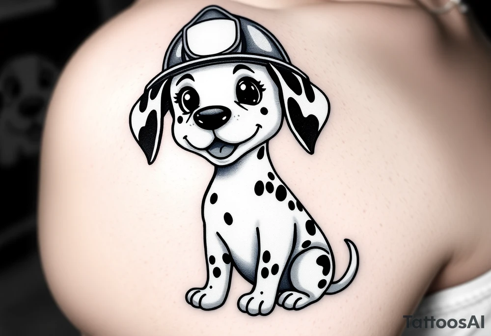 A Dalmatian wearing a firefighter’s helmet, sitting proudly with a playful yet heroic expression, in realistic black and white tones. tattoo idea