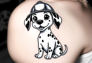 A Dalmatian wearing a firefighter’s helmet, sitting proudly with a playful yet heroic expression, in realistic black and white tones. tattoo idea