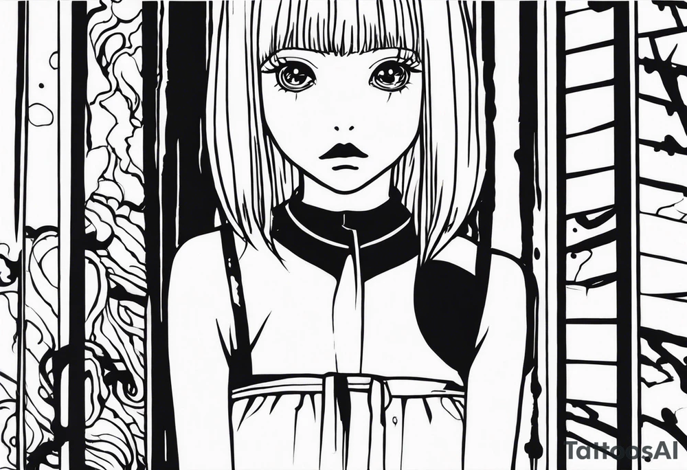 portrait of tomie standing up a character by the horror manga author junji ito full body standing menacingly. add more horror and gore elements tattoo idea