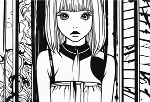 portrait of tomie standing up a character by the horror manga author junji ito full body standing menacingly. add more horror and gore elements tattoo idea