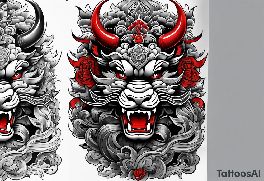 Sleeve tattoo 
Black and white, grey with red and scarlet accent. Japanese Shisa Okinawa beside Thai yak/giant with thai naga. tattoo idea