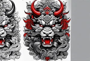 Sleeve tattoo 
Black and white, grey with red and scarlet accent. Japanese Shisa Okinawa beside Thai yak/giant with thai naga. tattoo idea