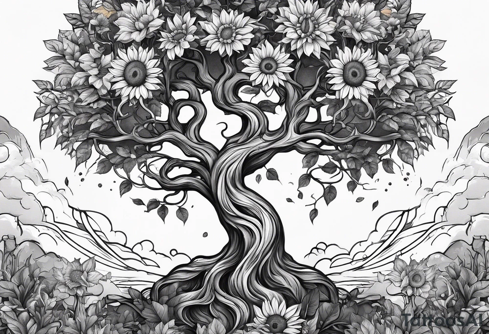 Feminine Yggdrasil tree with two sunflowers tattoo idea Feminine Yggdrasil tree with two sunflowers tattoo idea