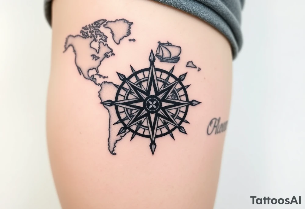 antique compass rose overlaid on weathered world map with sailing ships tattoo idea