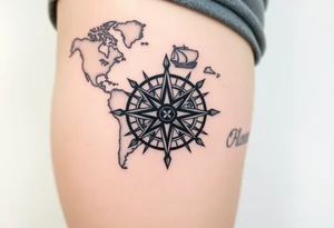 antique compass rose overlaid on weathered world map with sailing ships tattoo idea