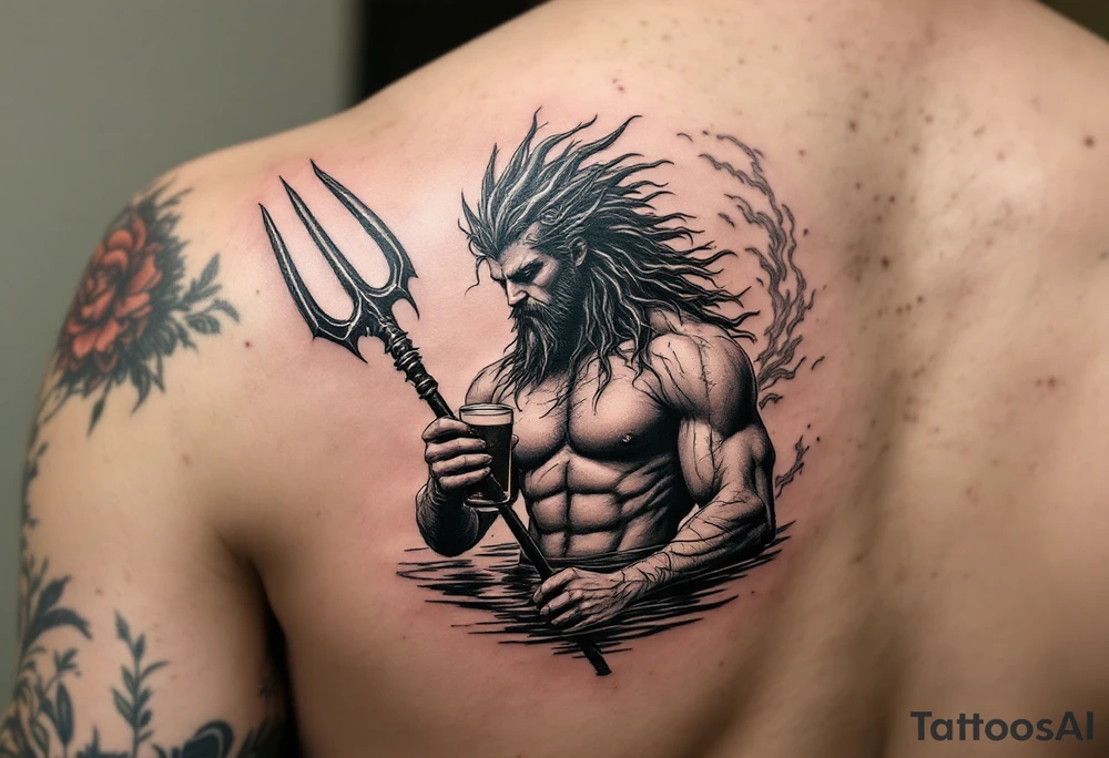 young, fit poseidon in calm water, behind a trident, holding a beer, with storm tattoo idea