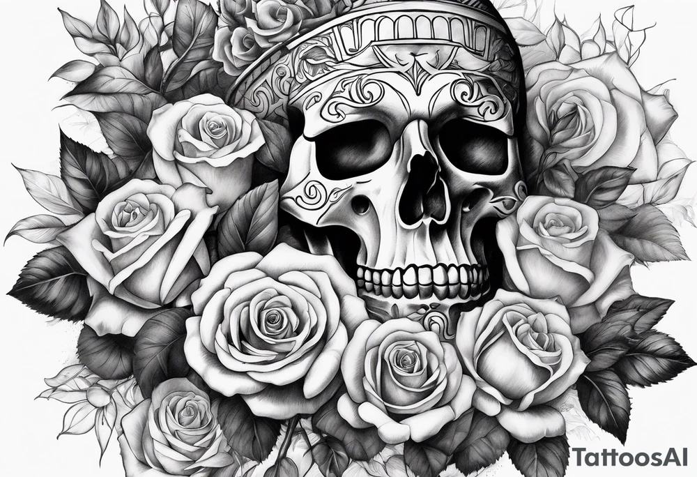Un pilier romain, un crâne et des roses tattoo idea